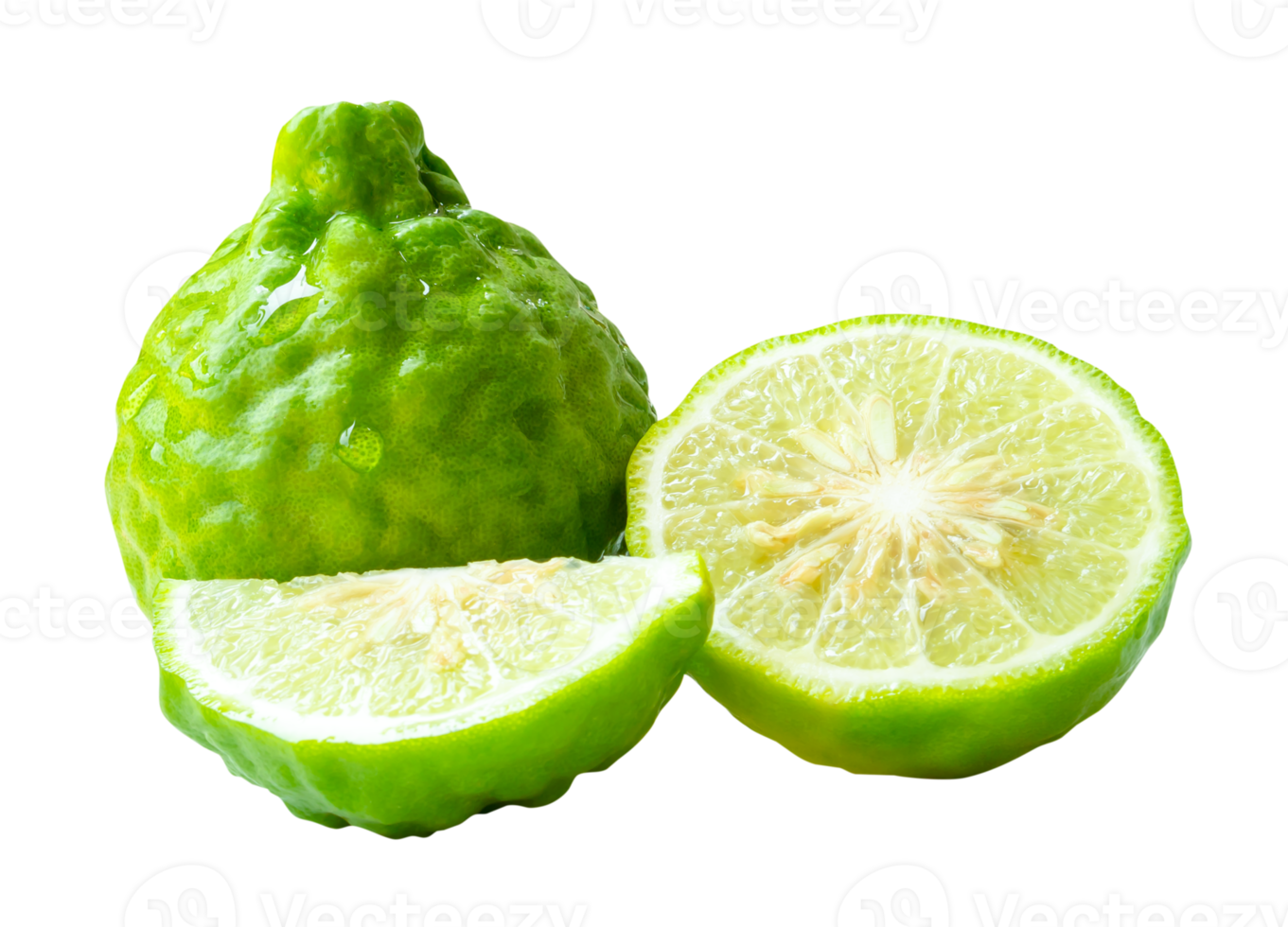 Front view of fresh green bergamot fruits or kaffir lime with half and quarter or slices but no green leaf in stack isolated with clipping path in file format png