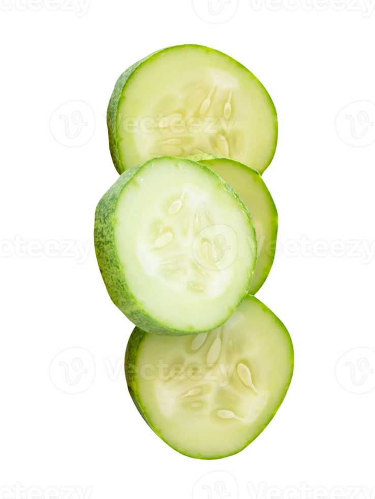 Front view of green cucumber slices or pieces in stack isolated with clipping path in file format png