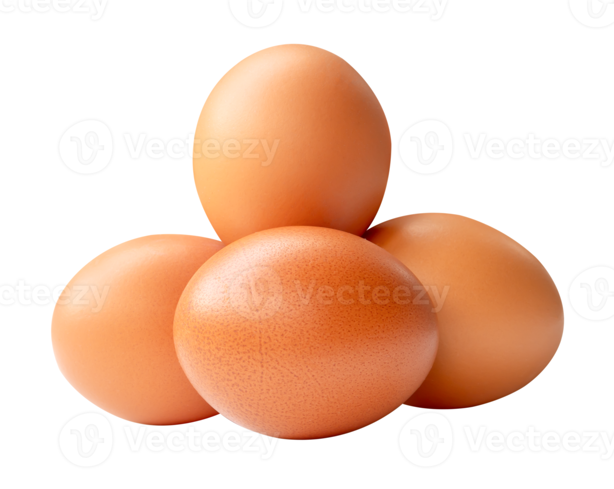 Side view of four brown chicken eggs in stack isolated with clipping path in file format png