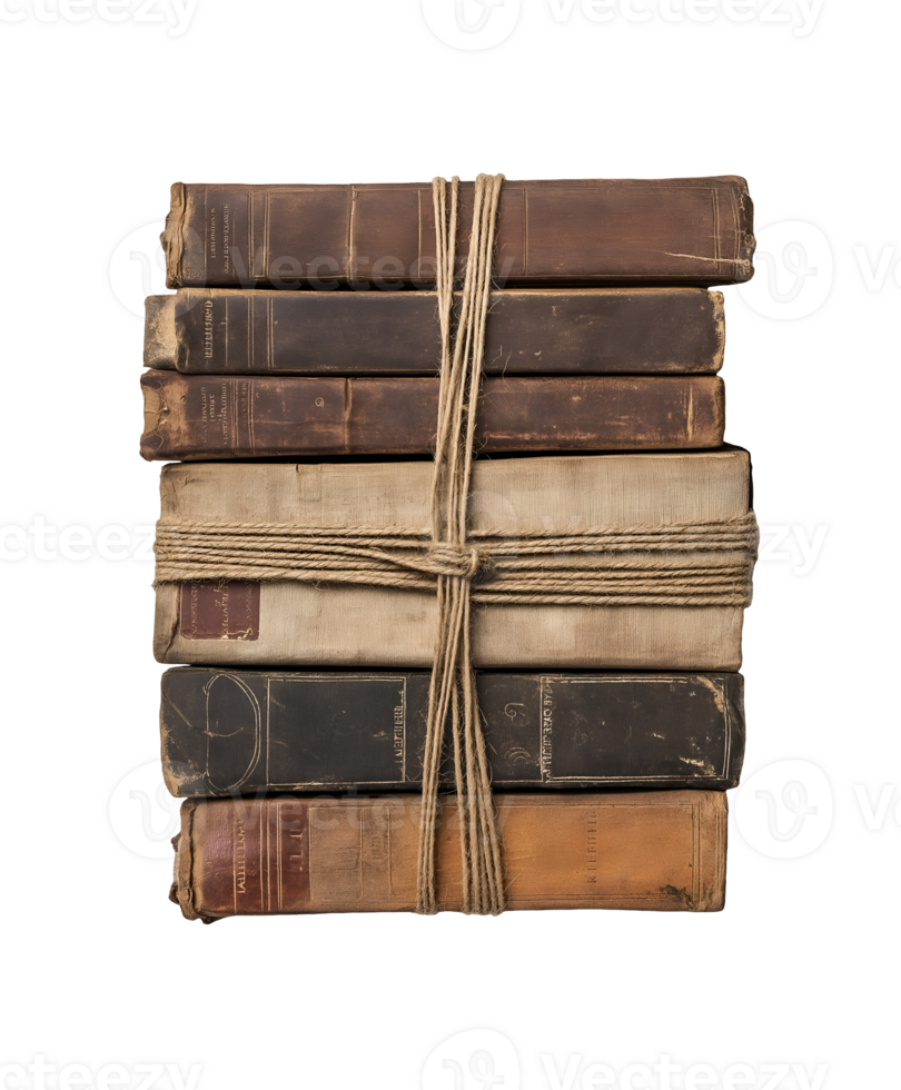 stack of vintage books tied with rustic twine showcasing aged covers and textures on isolated background png