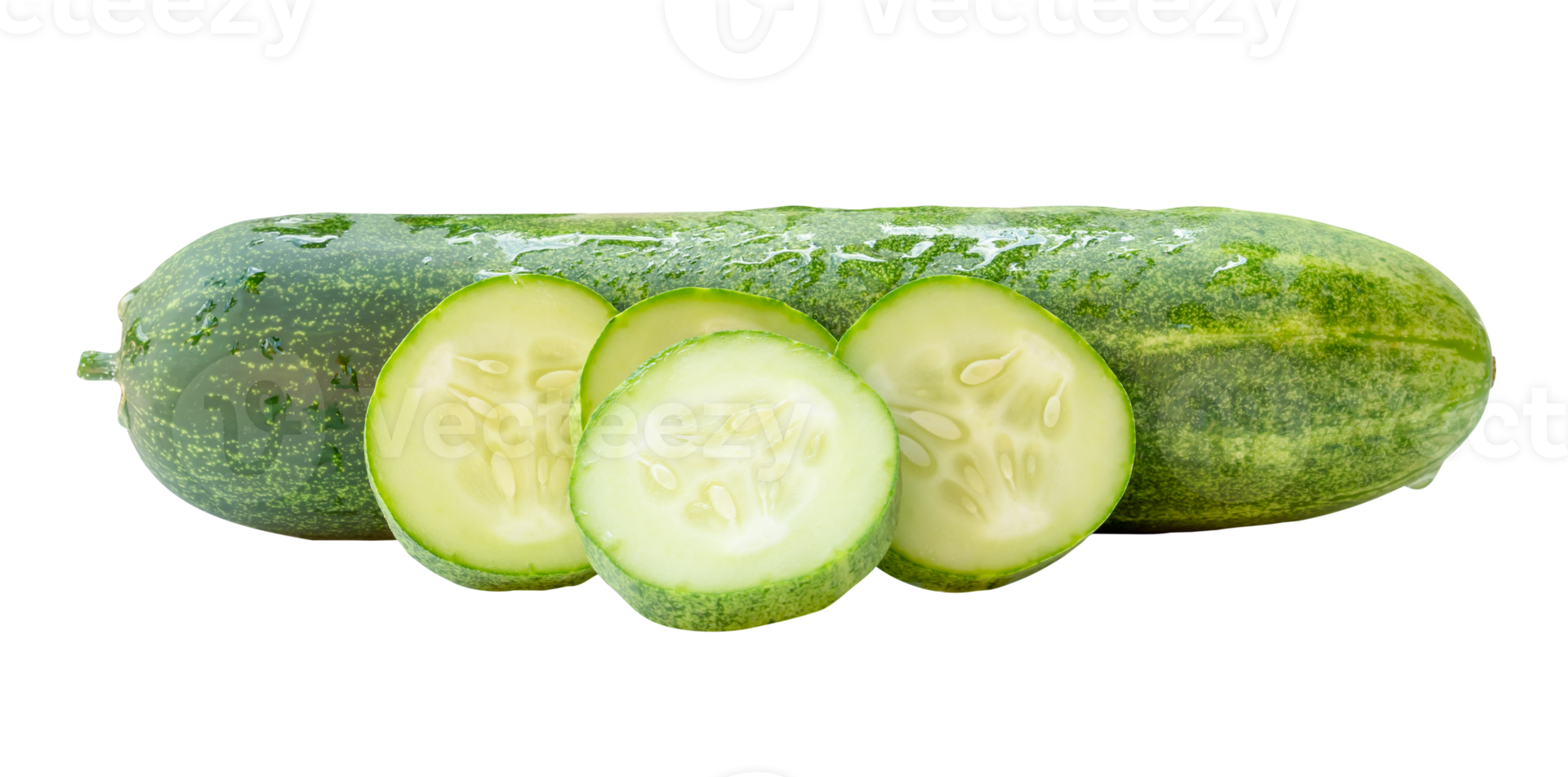 Side view of fresh green cucumber with slices in circle shape in stack isolated with clipping path in file format png