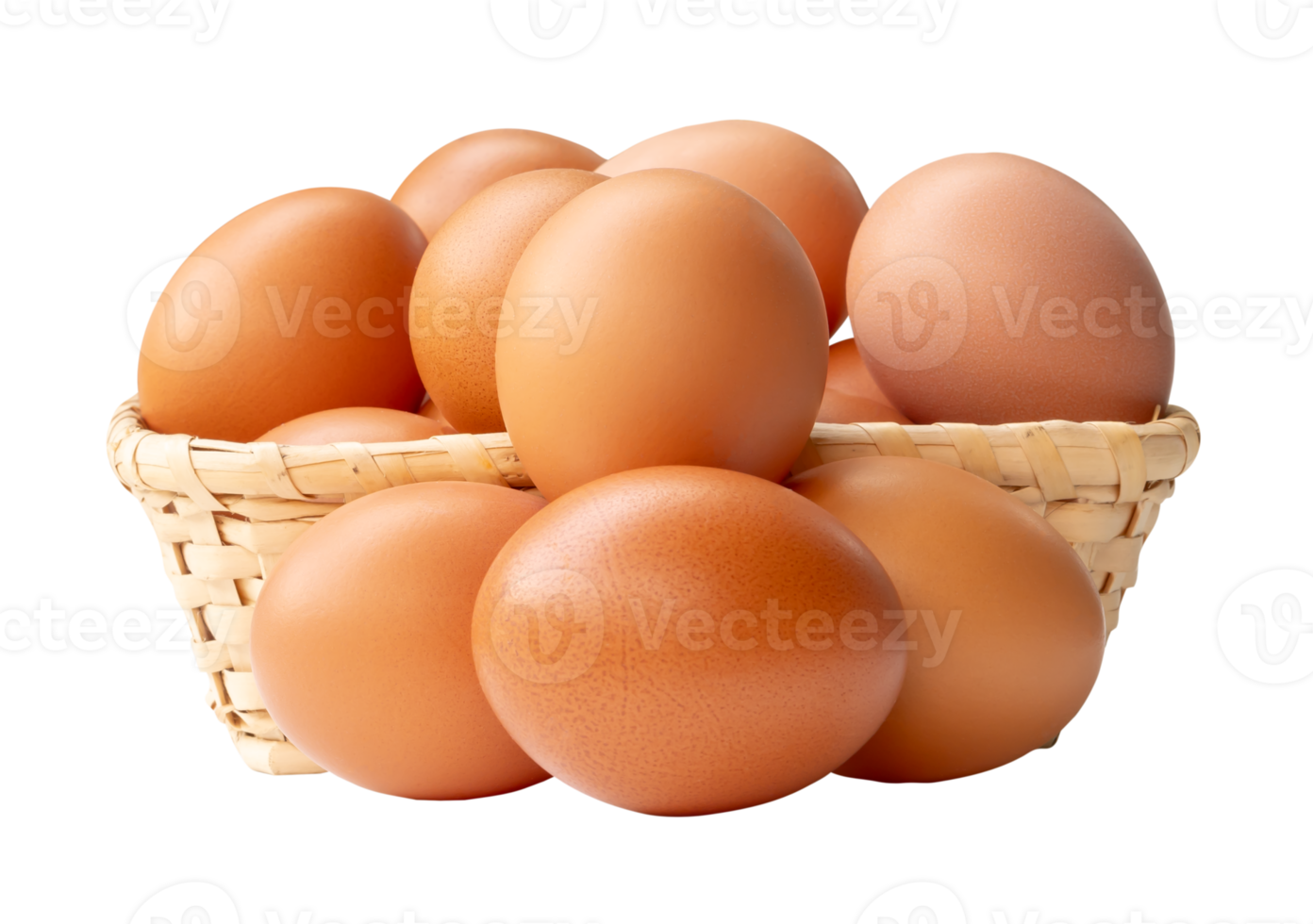 Group of fresh brown chicken eggs in stack in wicker basket isolated with clipping path in file format png