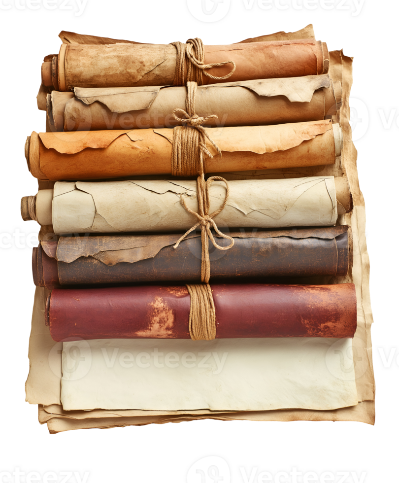 stack of ancient parchment scrolls tied with rustic twine showing aged paper and weathered texture on isolated background png