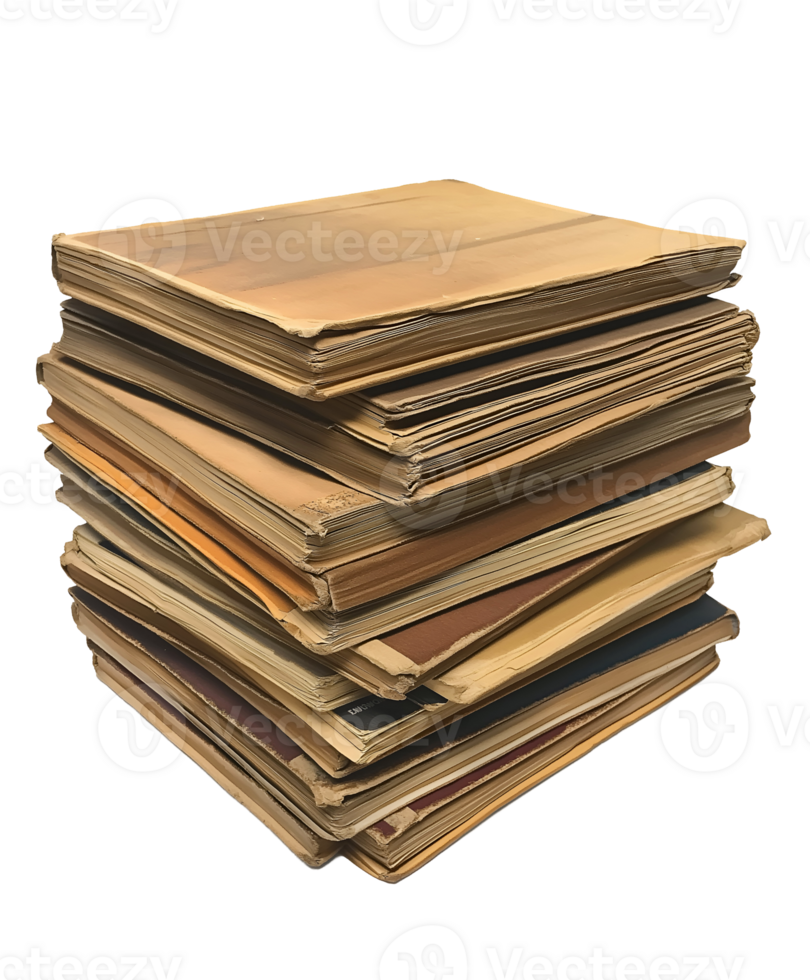 stack of old library books with barcode stickers showing weathered pages and aged covers isolated background png