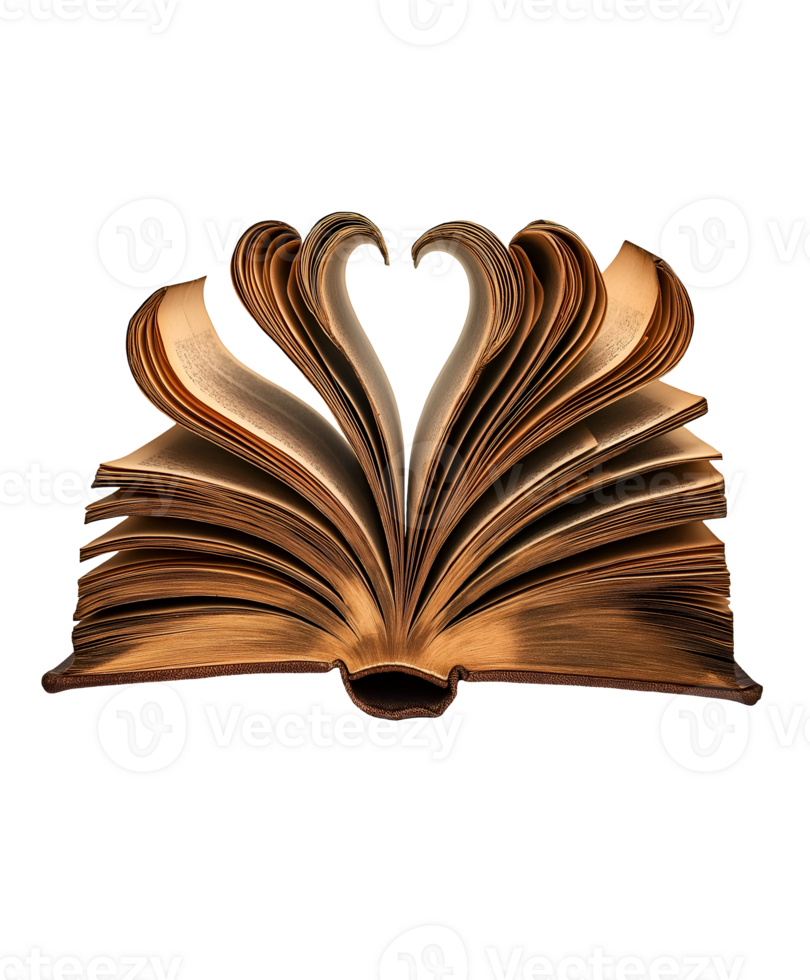 open vintage book with curled pages creating a heart shape isolated background png