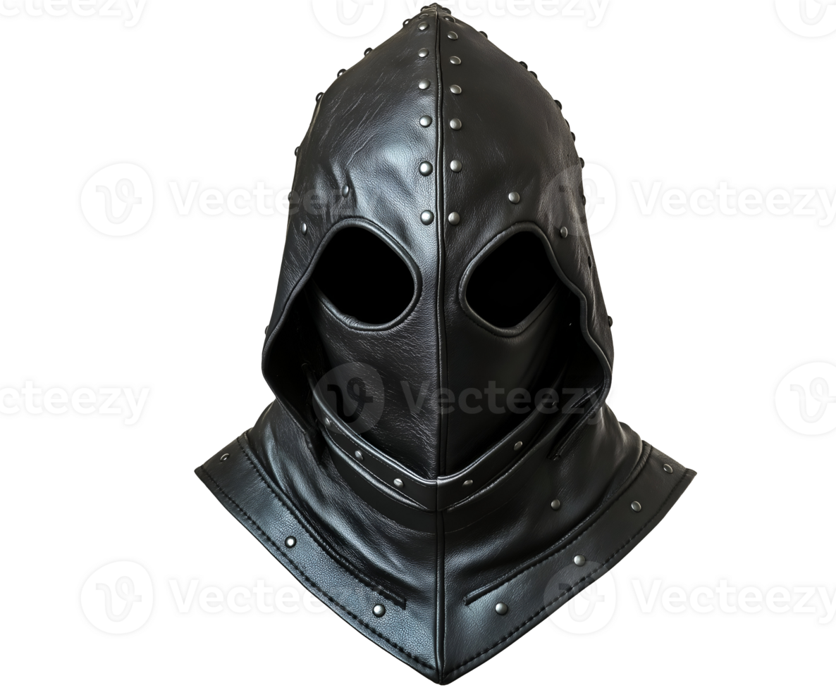 medieval executioner's hood with rivet detailing in black leather isolated background png