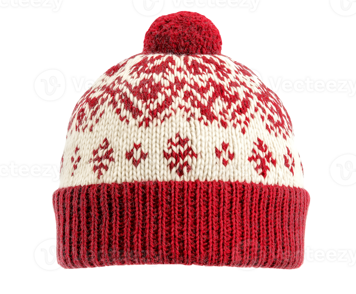 knit winter hat with intricate nordic snowflake pattern in red and white isolated background png