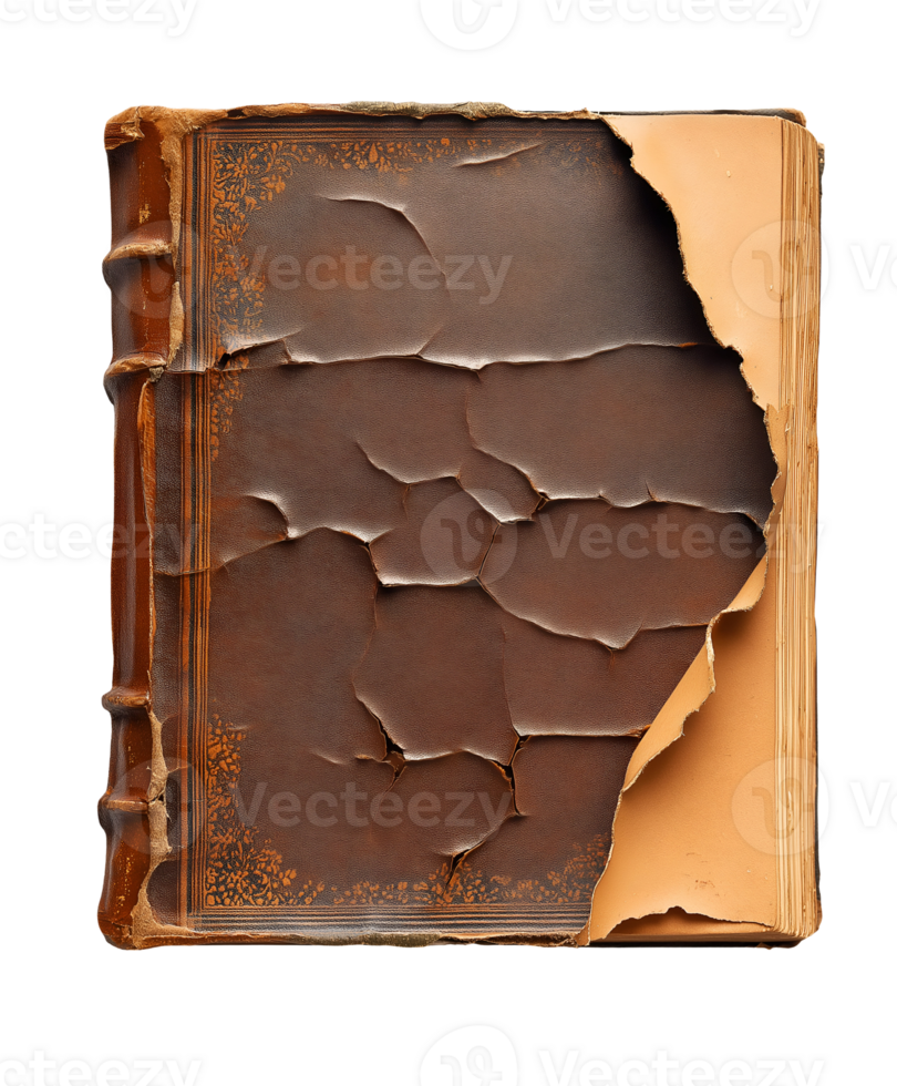 antique book with torn leather cover and ornate embossed design on isolated background png