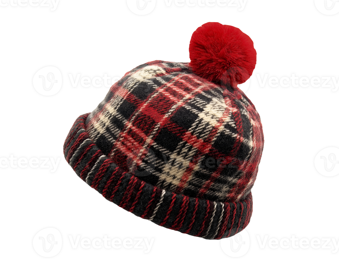 scottish tam o shanter hat with tartan pattern and red pom pom isolated background png