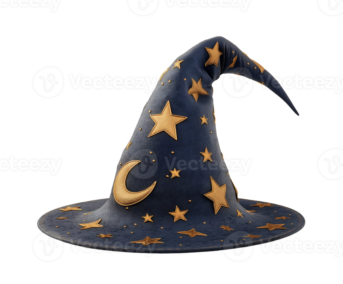 blue wizard's hat with crescent moon and star patterns featuring a pointed tip for magical costume designs isolated background png