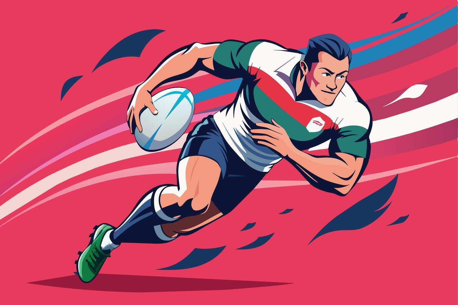 Dynamic rugby player sprinting forward with the ball on a vibrant abstract background during a competitive match vector