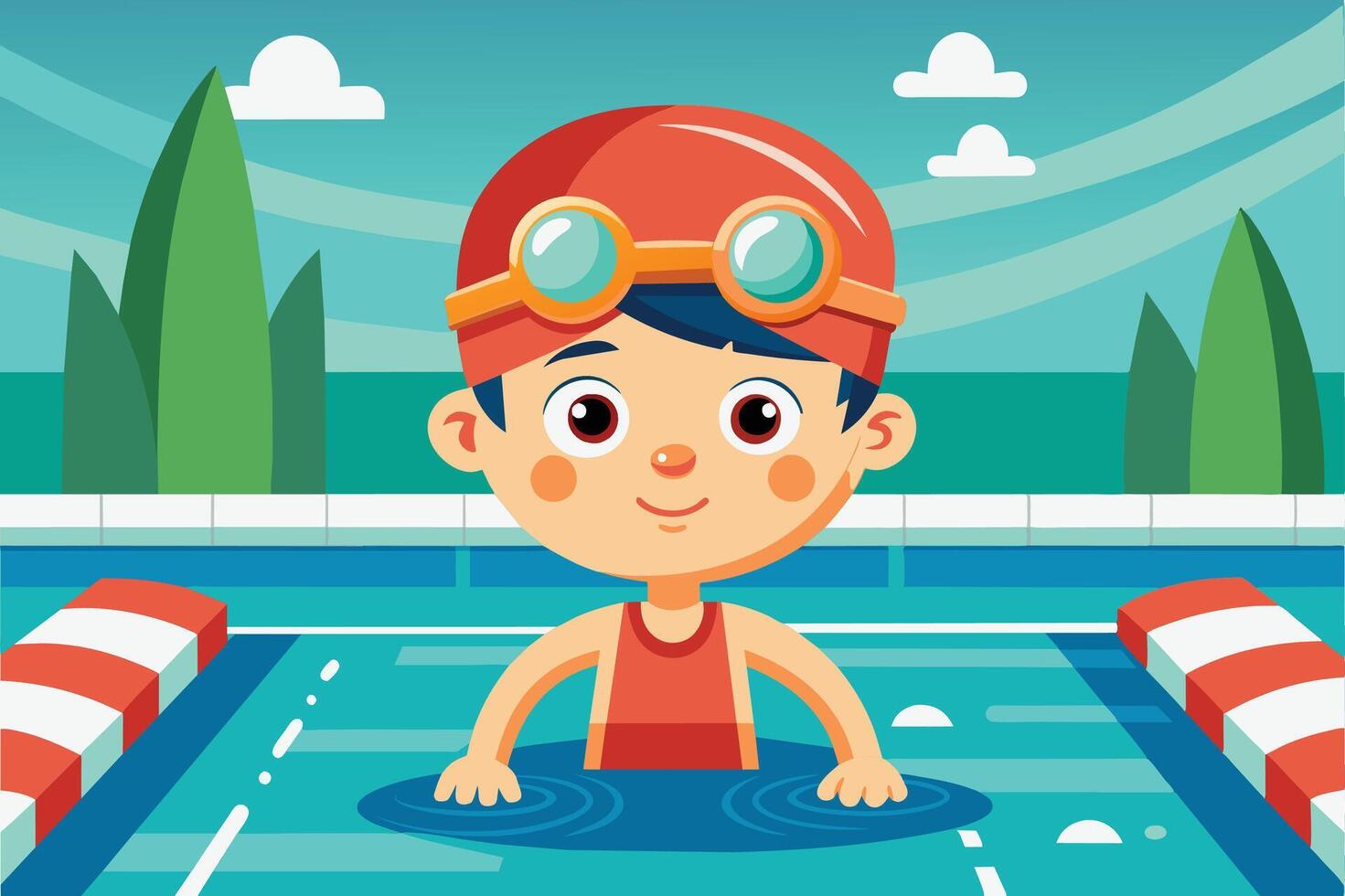A young boy with swimming goggles enjoying a sunny day in a lively pool surrounded by vibrant greenery vector