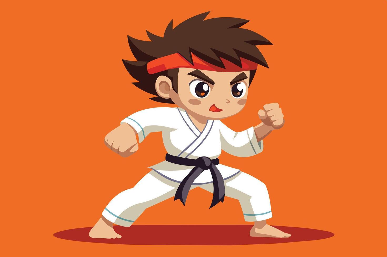 A young karateka in a white uniform strikes a determined pose against an orange background, showcasing martial arts enthusiasm and spirit vector