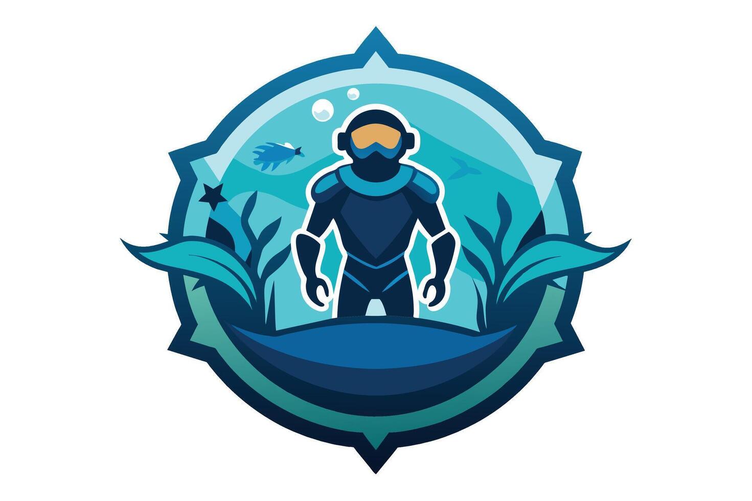 Diver exploring underwater ecosystem in vibrant waters with marine plants and fish in an artistic design vector
