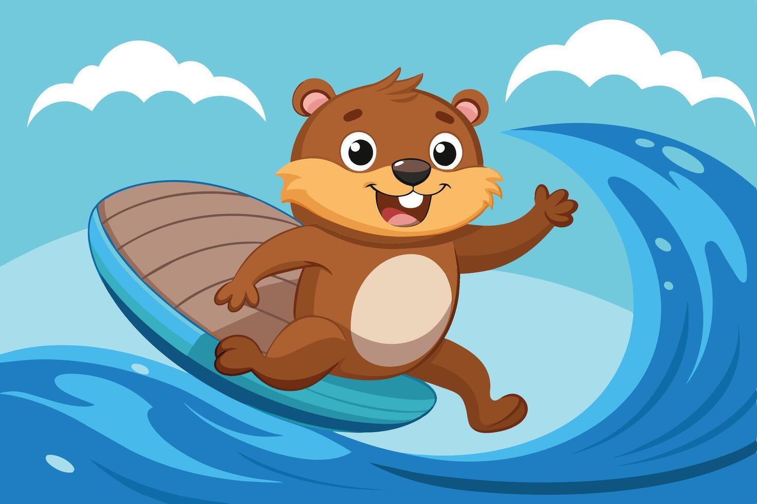A cheerful cartoon beaver surfing on a vibrant wave under a clear blue sky with fluffy clouds vector