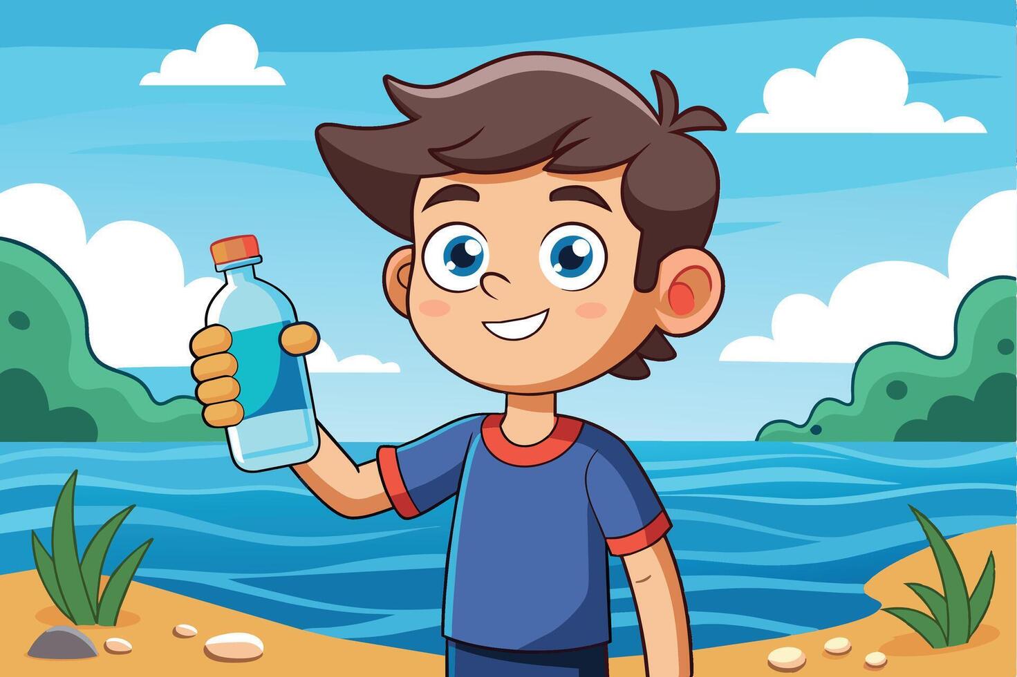 A cheerful boy holding a water bottle by the edge of a calm lake surrounded by lush greenery on a sunny day vector