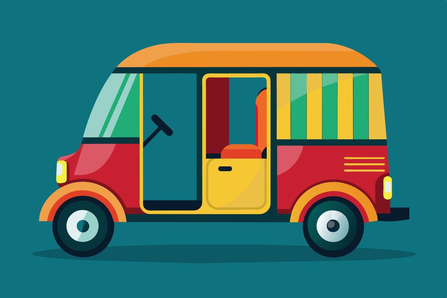 Colorful autorickshaw illustration parked against a teal backdrop during a bright day showcasing vibrant design elements and spacious interior vector