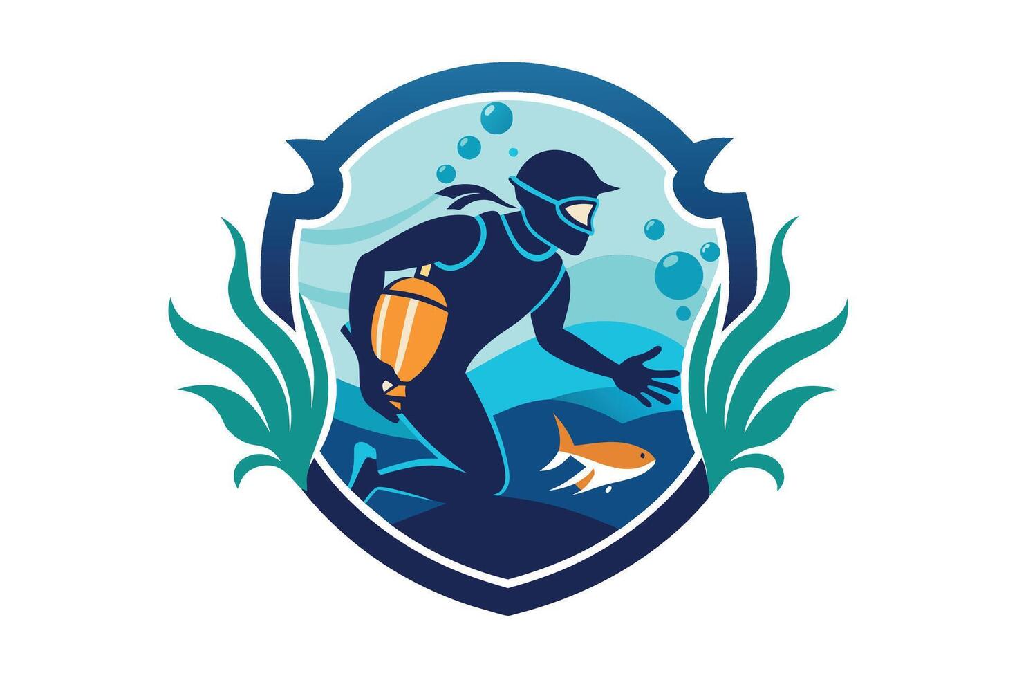 A diver exploring an underwater environment while carrying a catch in a vibrant aquatic setting during a sunny day vector