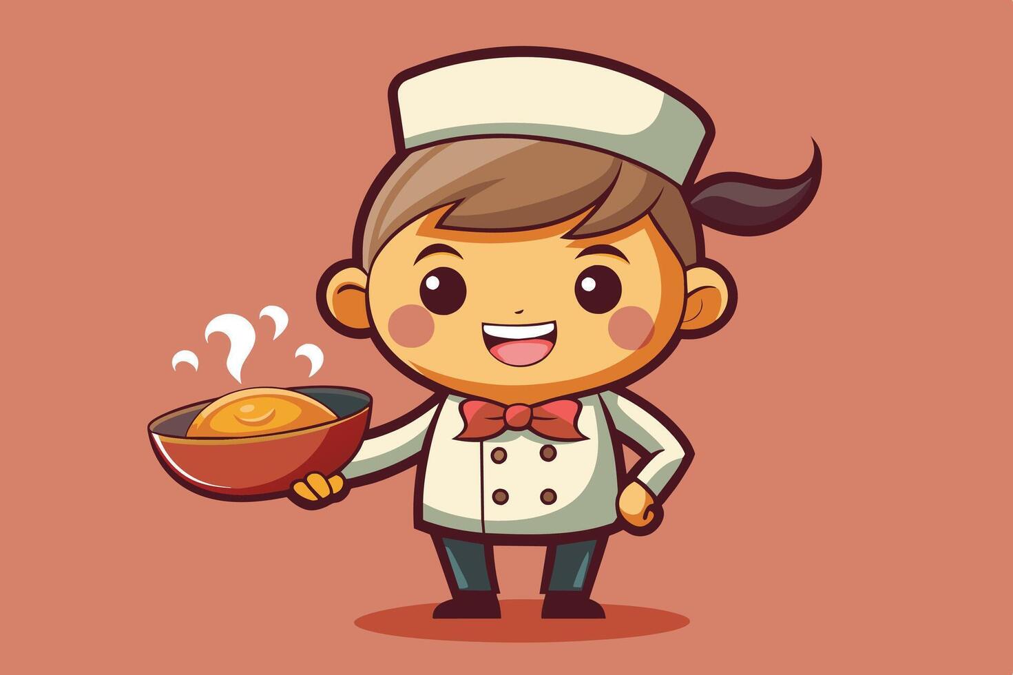 Friendly cartoon chef holding a steaming bowl of food in a cheerful pose against a warm background vector