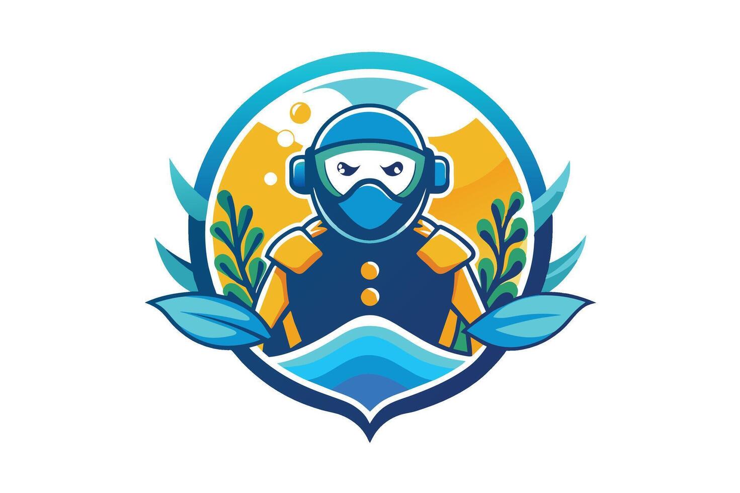 A colorful underwater explorer mascot design featuring a diver with plants and waves in a vibrant circular backdrop vector