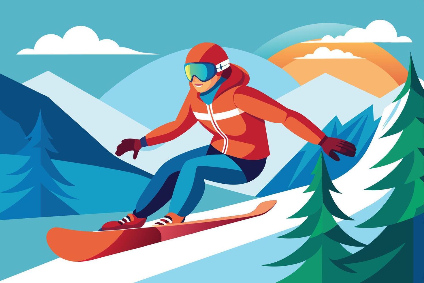 A young snowboarder glides down a snowy mountain slope surrounded by tall trees and vibrant blue mountains during a sunny day vector