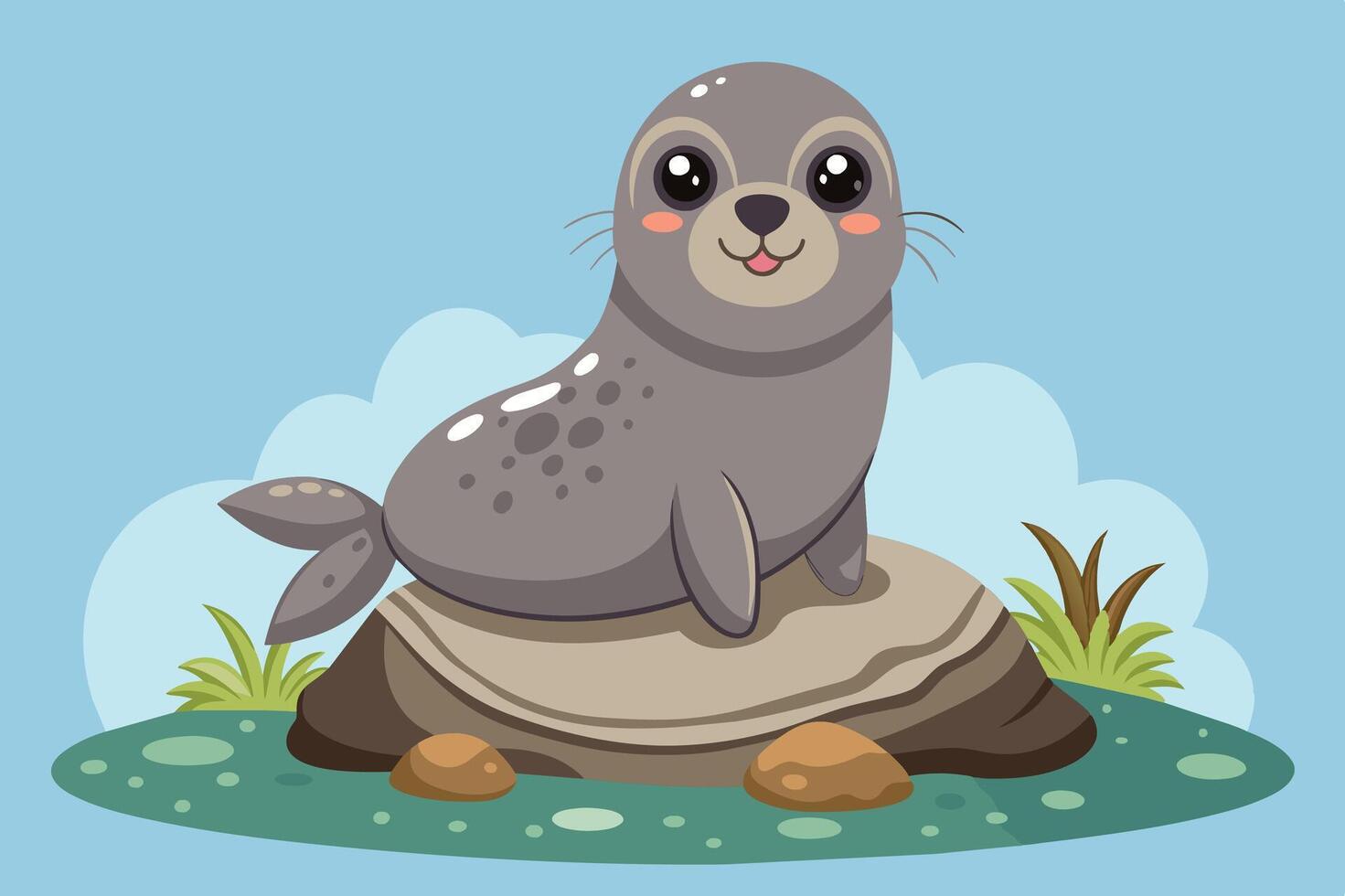 Cute cartoon seal resting on a rocky outcrop surrounded by grass and pebbles under a blue sky with fluffy clouds vector