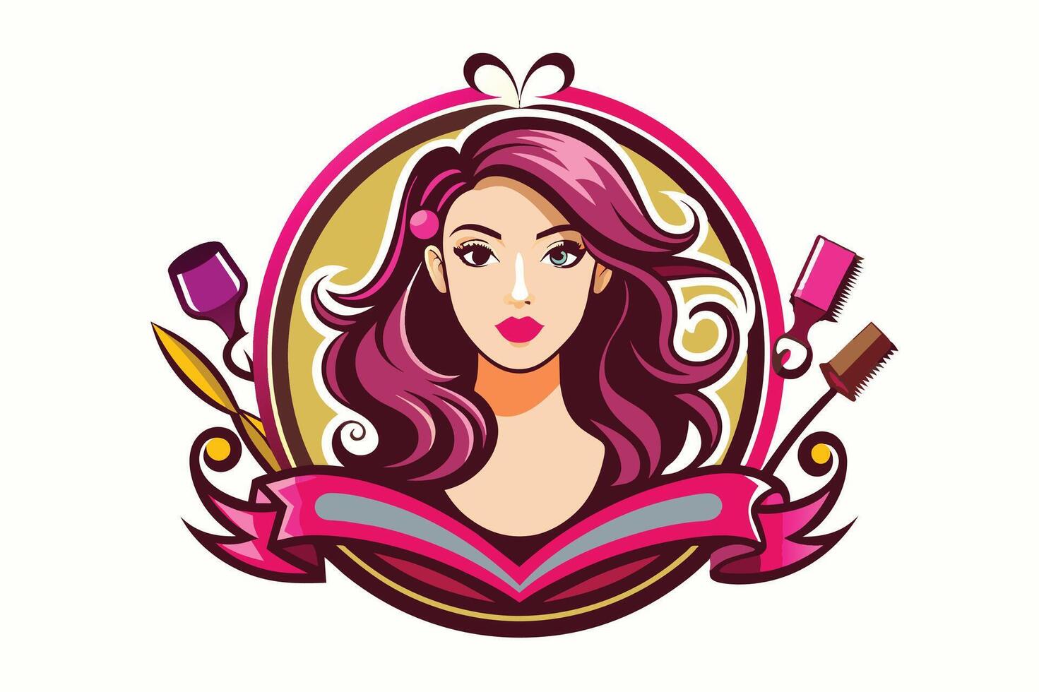 A vibrant logo design featuring a stylized woman with flowing pink hair, surrounded by hairdressing tools and decorative elements vector
