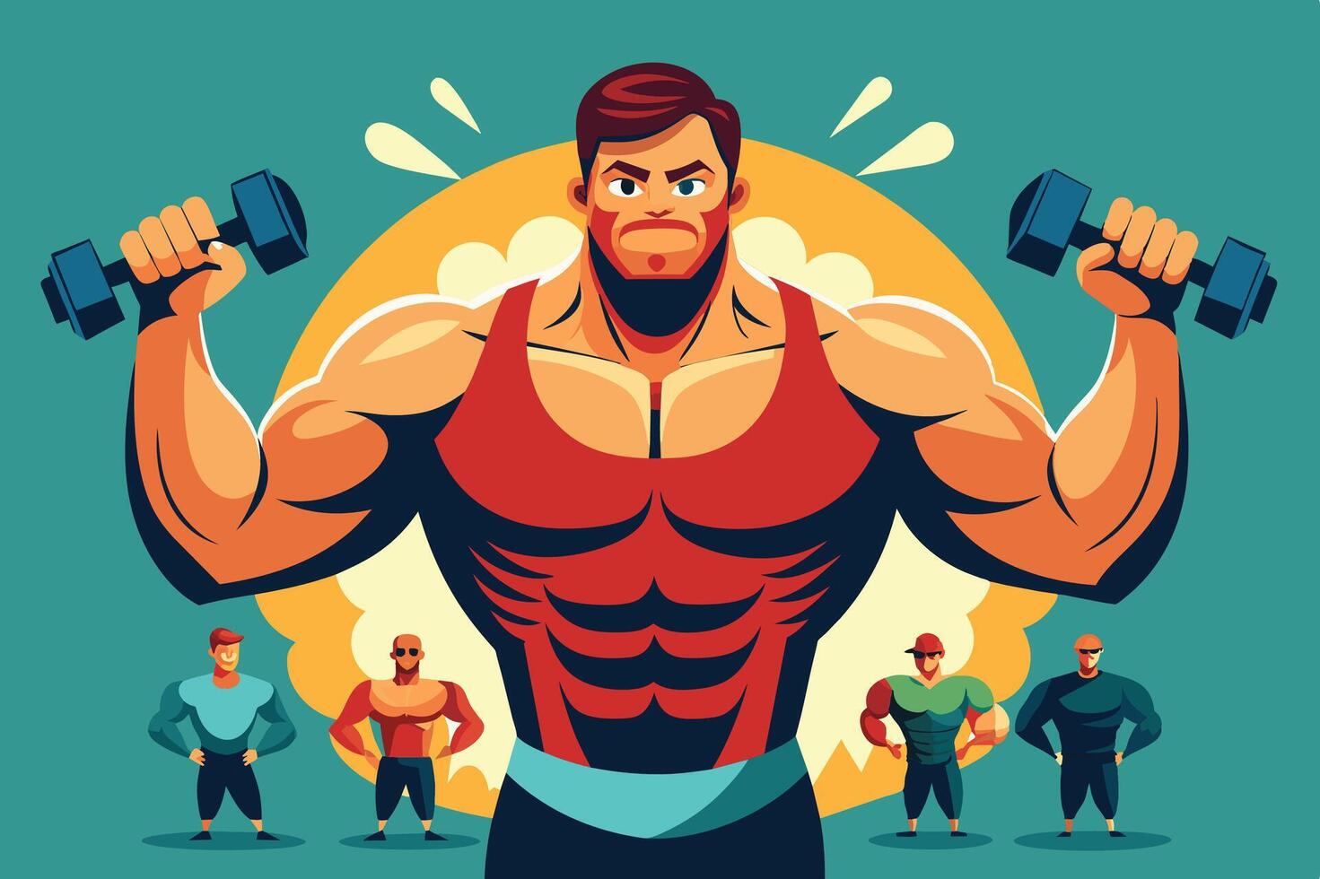 A strong man showcases his impressive biceps while other fitness enthusiasts admire him in a vibrant gym setting vector