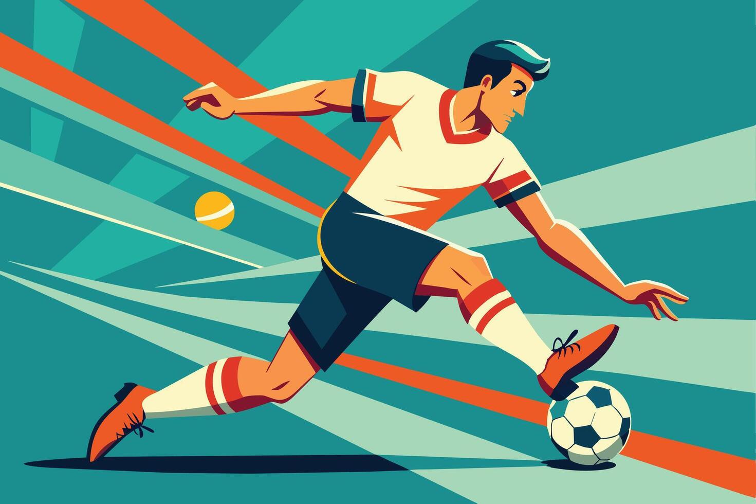 A young male soccer player in mid-kick on a vibrant field during a sunny day, showcasing skill and focus while playing the game vector