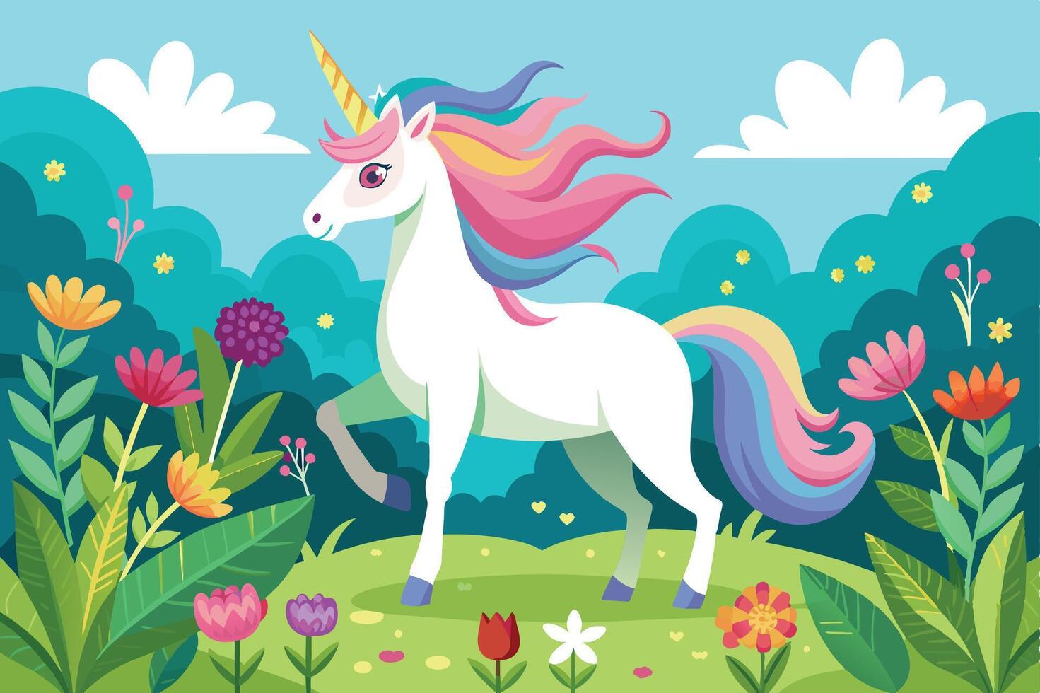 A colorful unicorn prancing through a vibrant garden filled with flowers and greenery under a bright blue sky vector