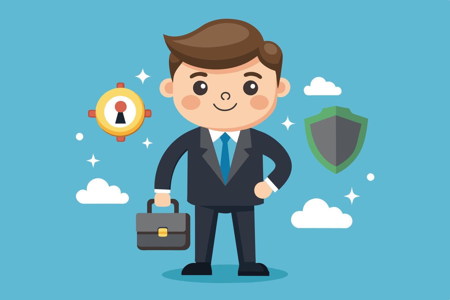 A confident young professional in a suit holding a briefcase against a bright blue background featuring security symbols vector