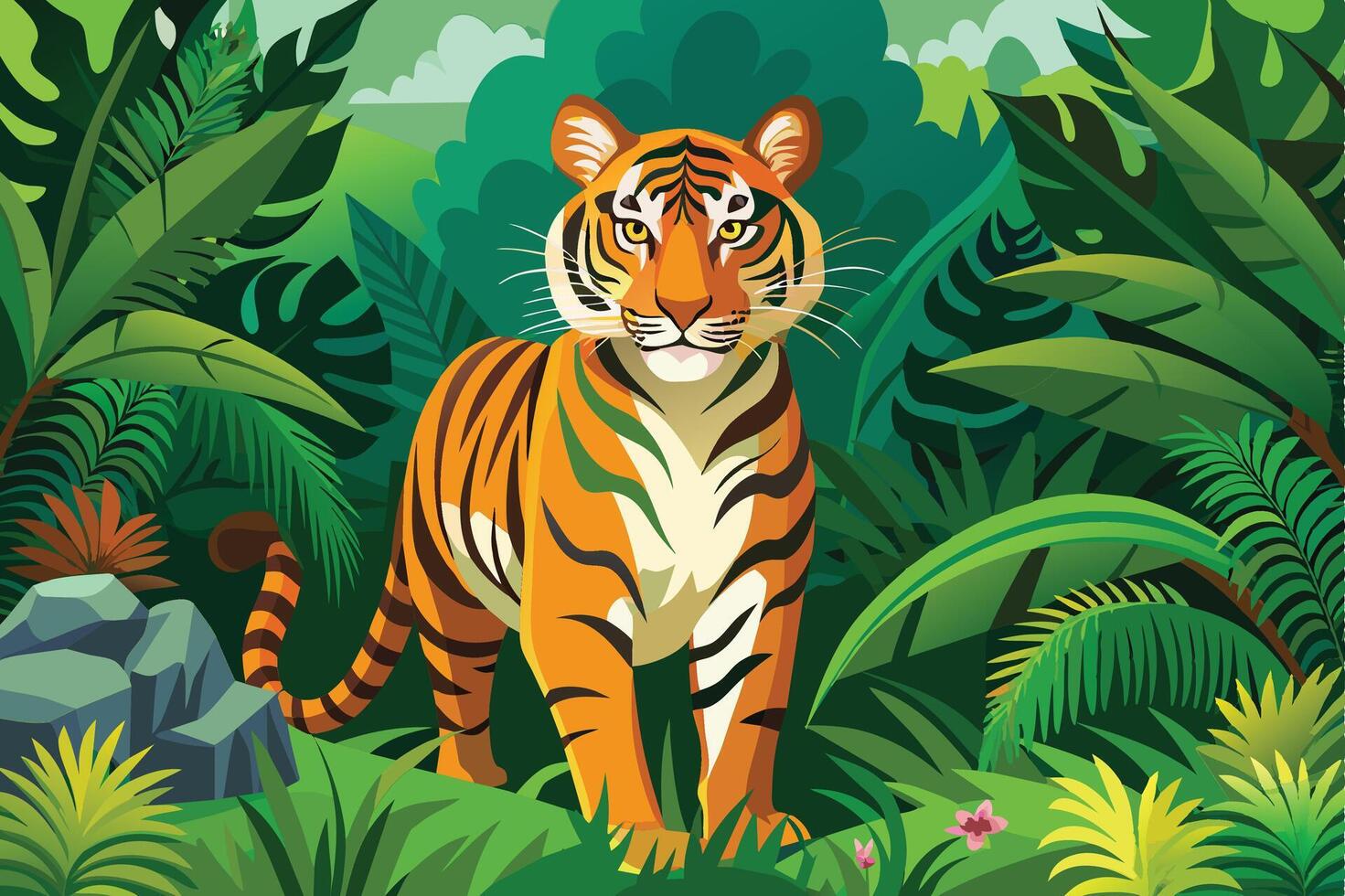 A majestic tiger stands prominently among dense green foliage in a vibrant jungle setting during a sunny day vector