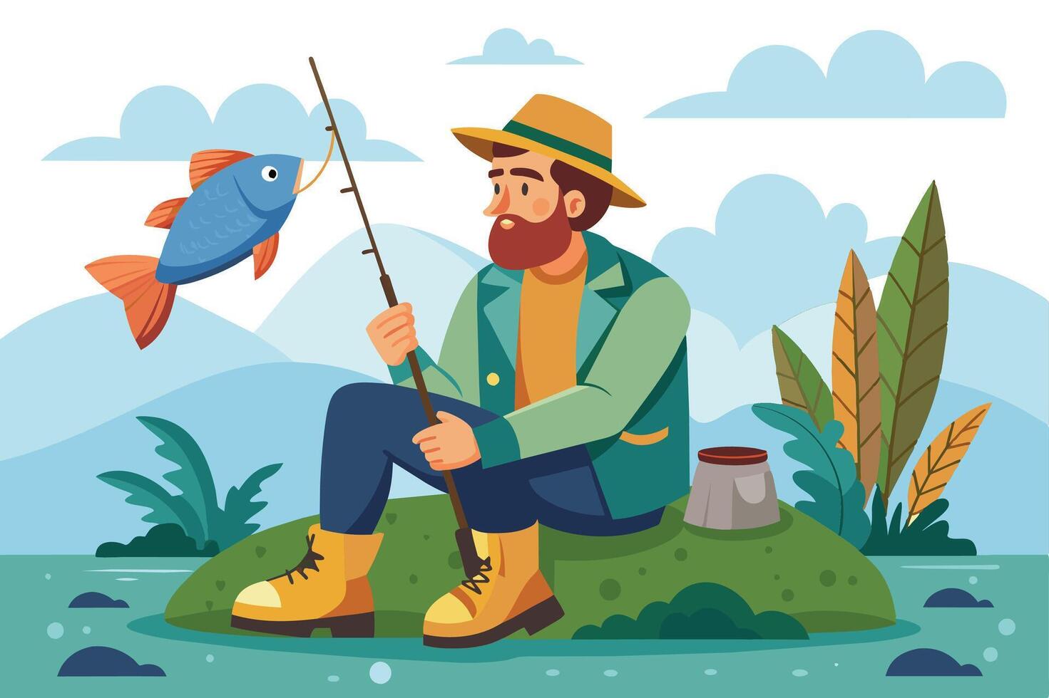 A man fishing on a serene lake surrounded by mountains and lush greenery during a bright and sunny day vector