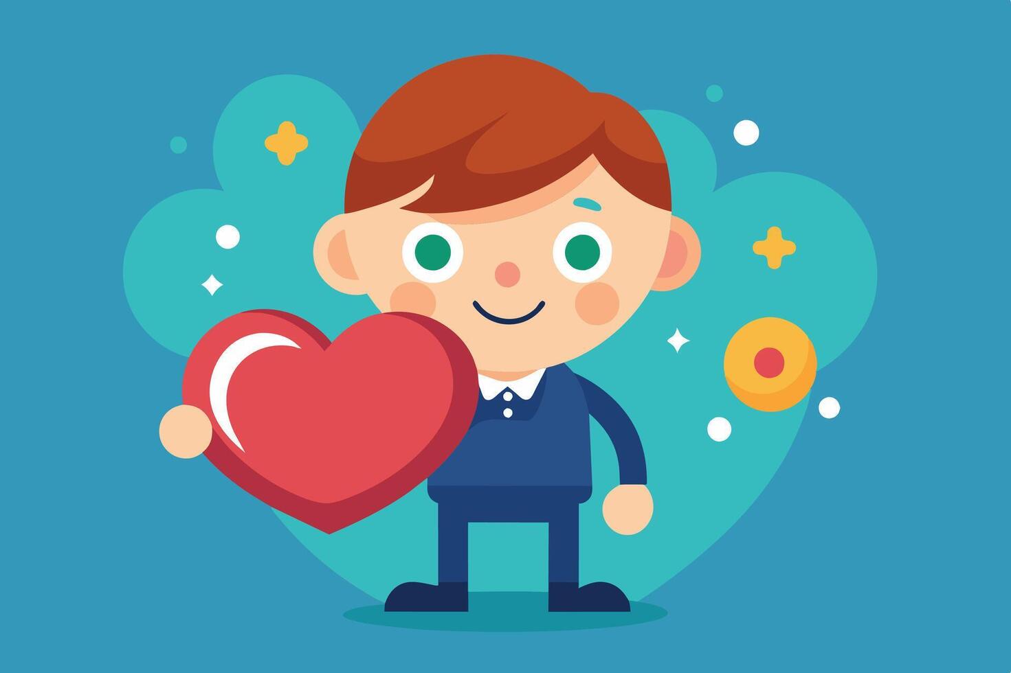 A cheerful cartoon character holds a red heart against a vibrant blue background filled with playful shapes and colors vector