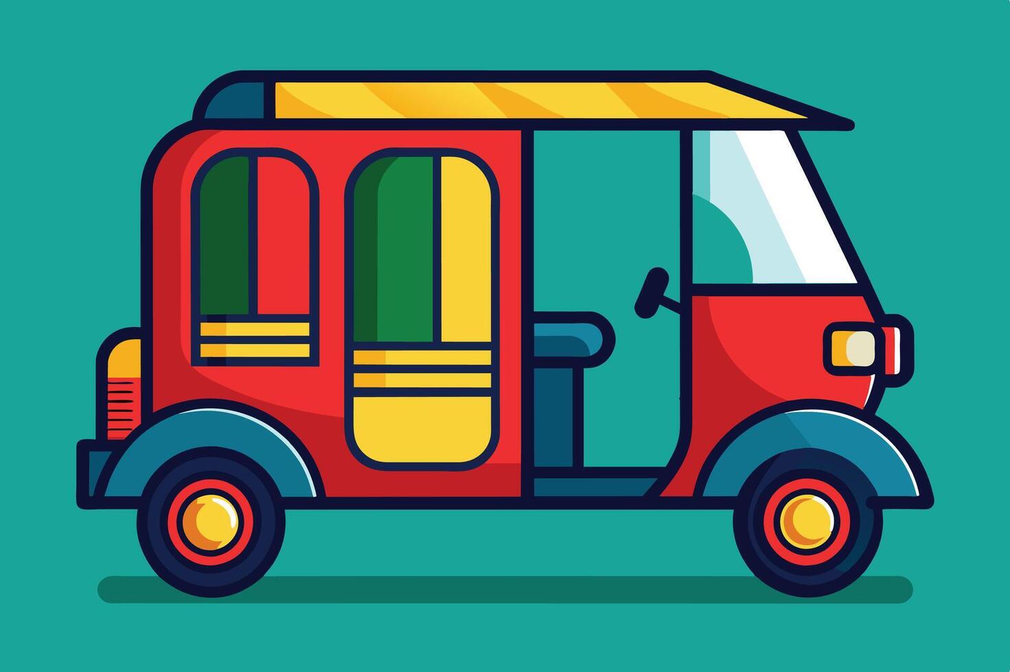 A colorful tuk-tuk on a vibrant teal background, showcasing a popular mode of transport in many Asian cities during daytime hours vector