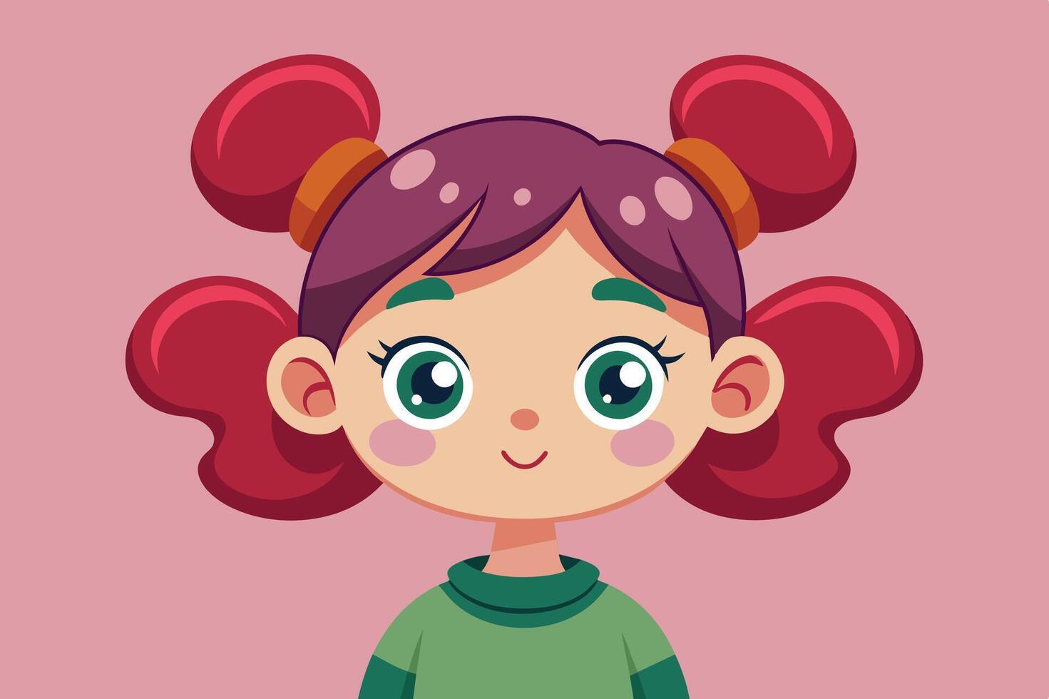 Cute cartoon character with pigtails wearing a green sweater against a pink background, perfect for children's illustrations and design projects vector