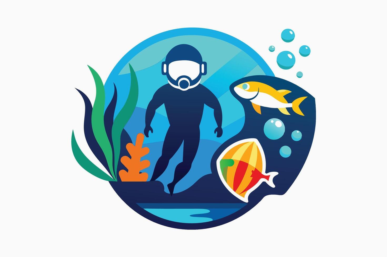 An underwater diver explores a vibrant marine ecosystem filled with colorful fish and lush aquatic plants in a serene ocean setting vector