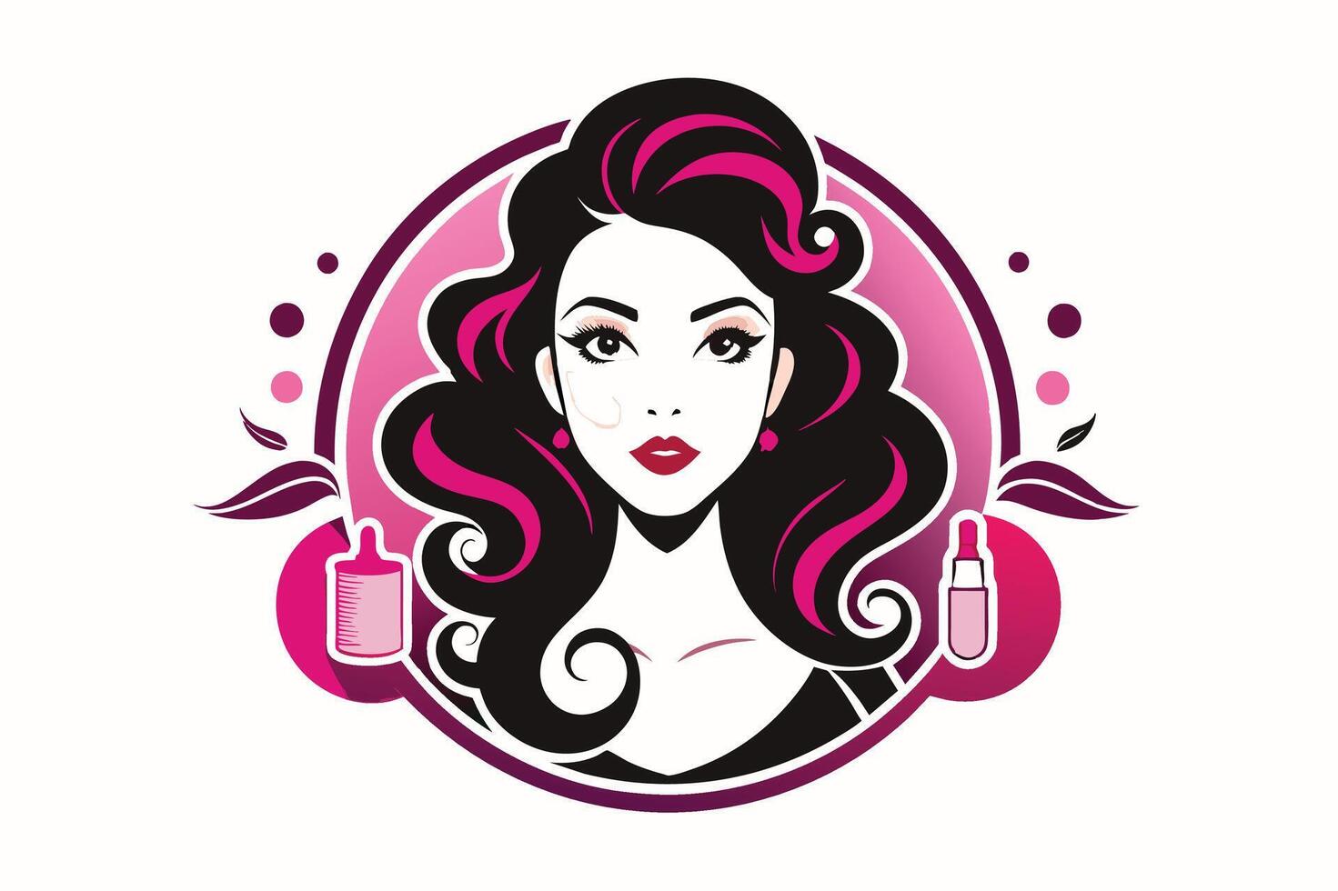 Stylized portrait of a woman with flowing hair, surrounded by beauty products, showcasing elegance and femininity vector