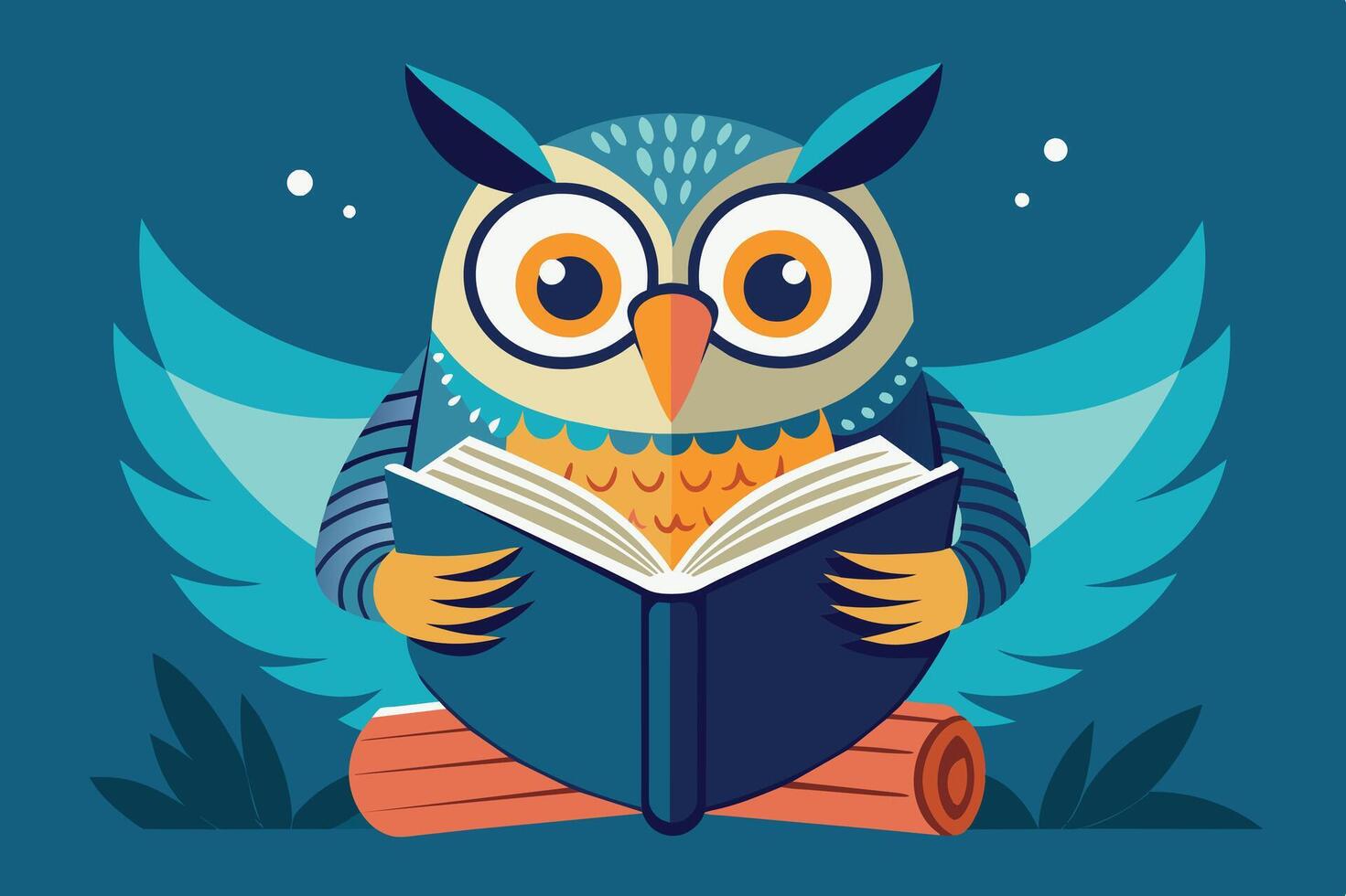 Wise owl reading a book while perched on a log, surrounded by a serene nighttime backdrop filled with stars vector