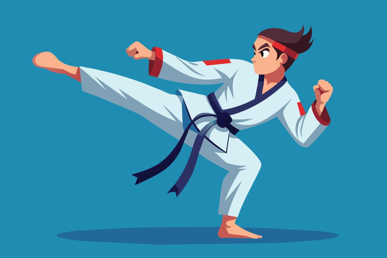 Young martial artist performing a high kick in a traditional uniform against a bright blue background during a training session vector