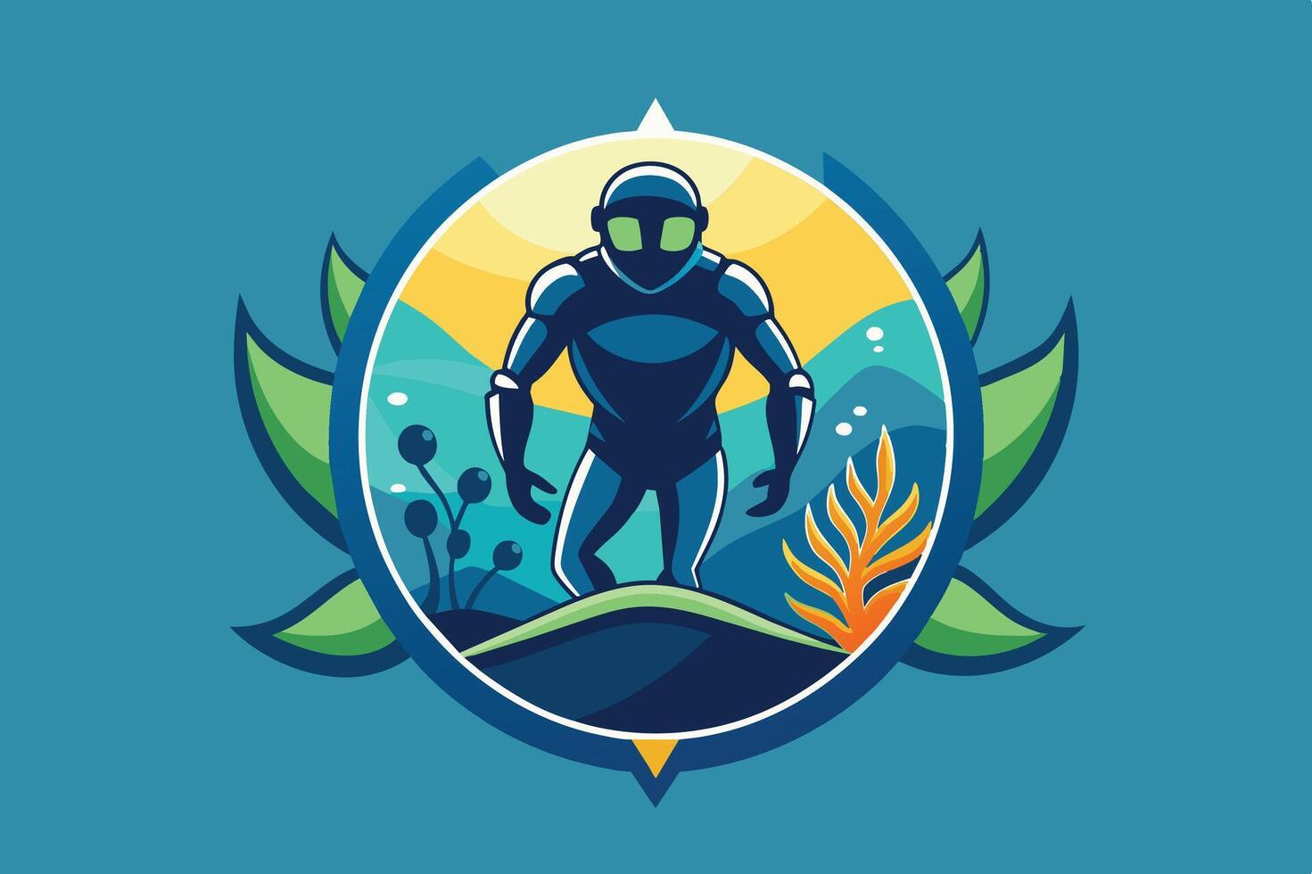 Robot exploring an underwater landscape surrounded by vibrant marine life and colorful plant life in a creative digital design vector