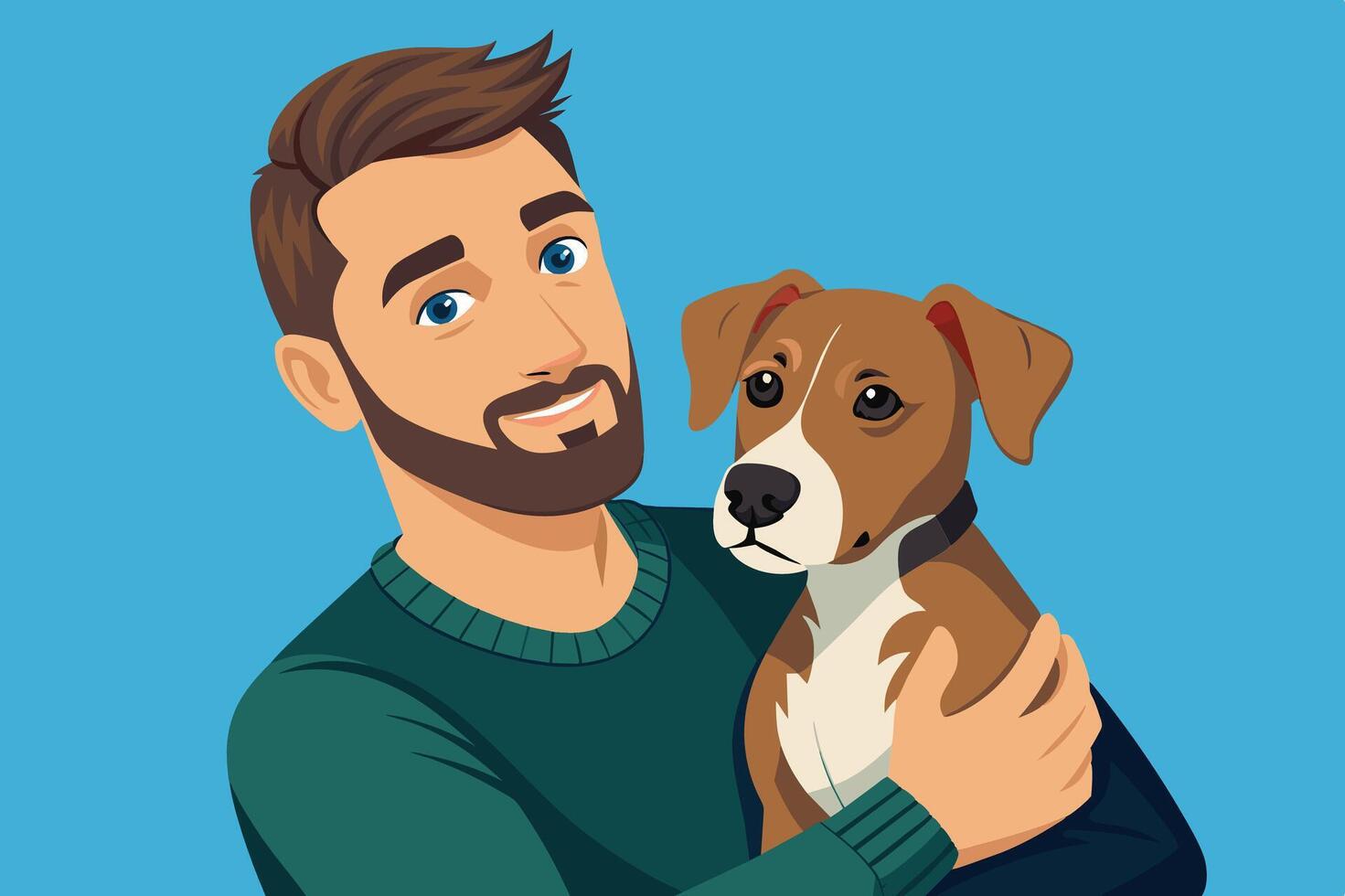 A young man in a green sweater holds a happy brown and white dog against a blue background, capturing a warm moment of companionship vector