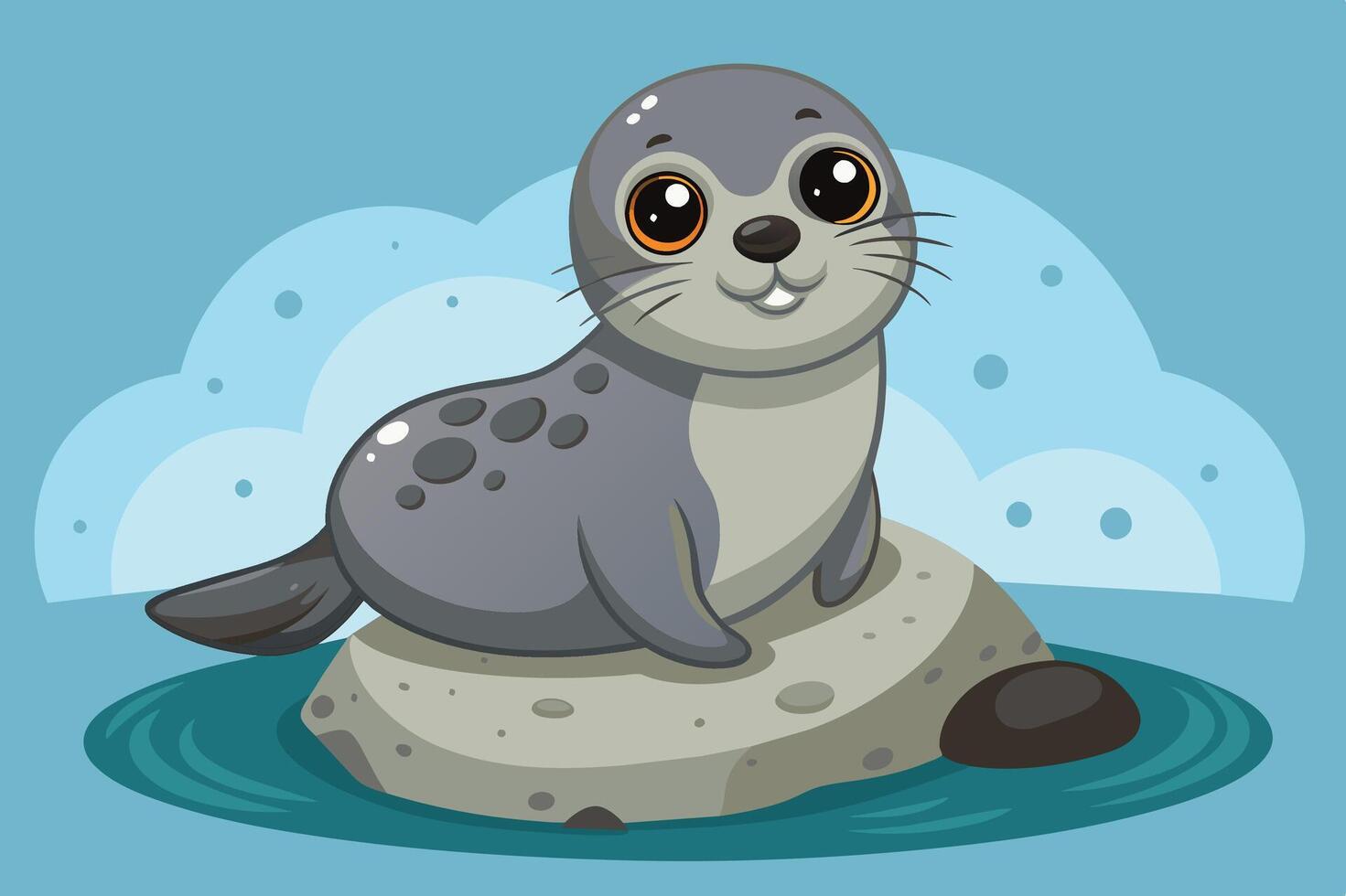 Cute cartoon seal relaxing on a rock in turquoise waters with soft clouds in the background on a sunny day vector