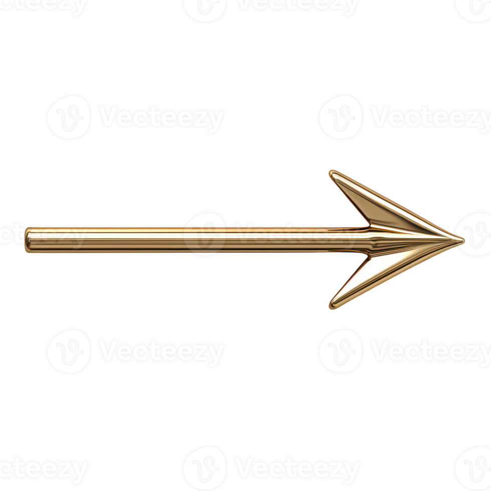 Golden arrow symbol representing direction and guidance isolated on transparent background. png