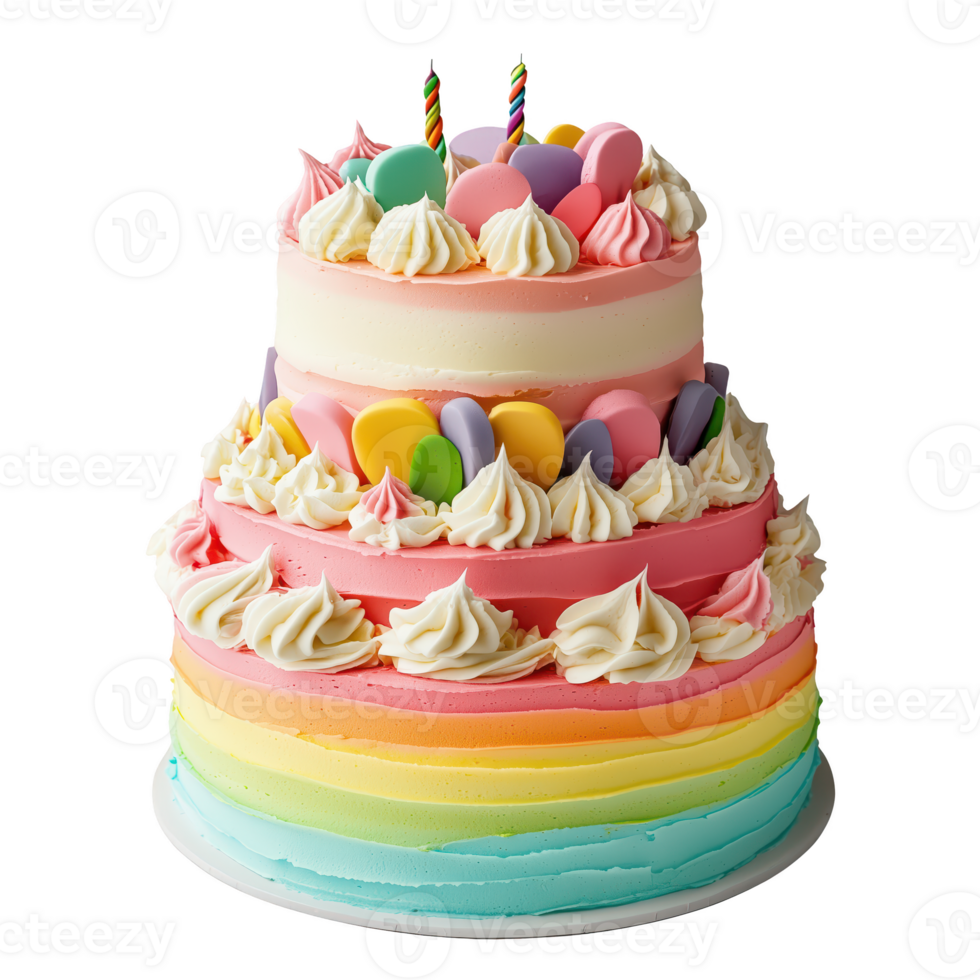 Delicious rainbow cake with colorful layers and festive decorations isolated on transparent background. png