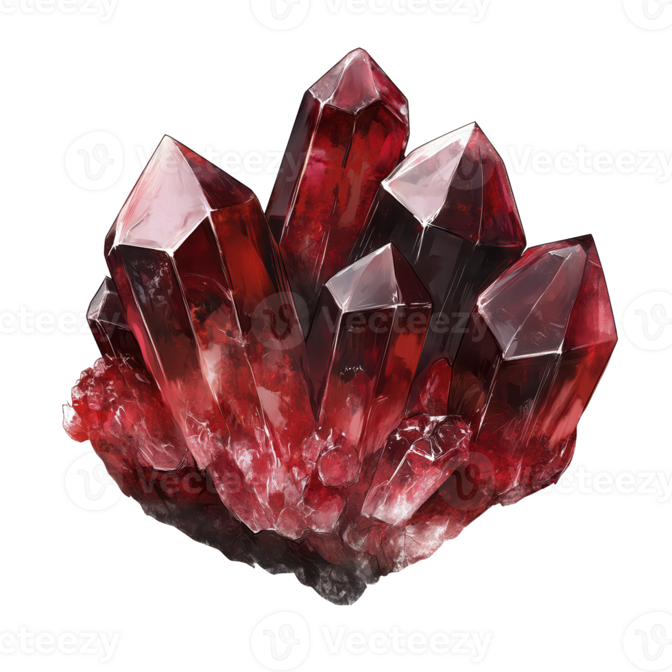 Shiny red crystals with sharp points and rocky base, glowing beautifully isolated on transparent background. png