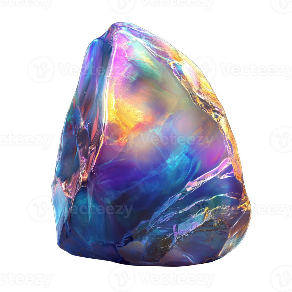 vibrant, iridescent crystal with colorful reflections and textures isolated on transparent background. png