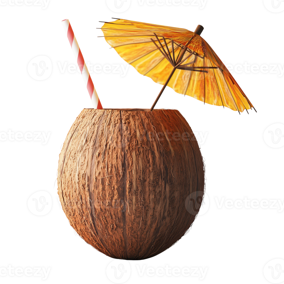 Coconut drink with straw and umbrella, perfect for summer vibes isolated on transparent background. png