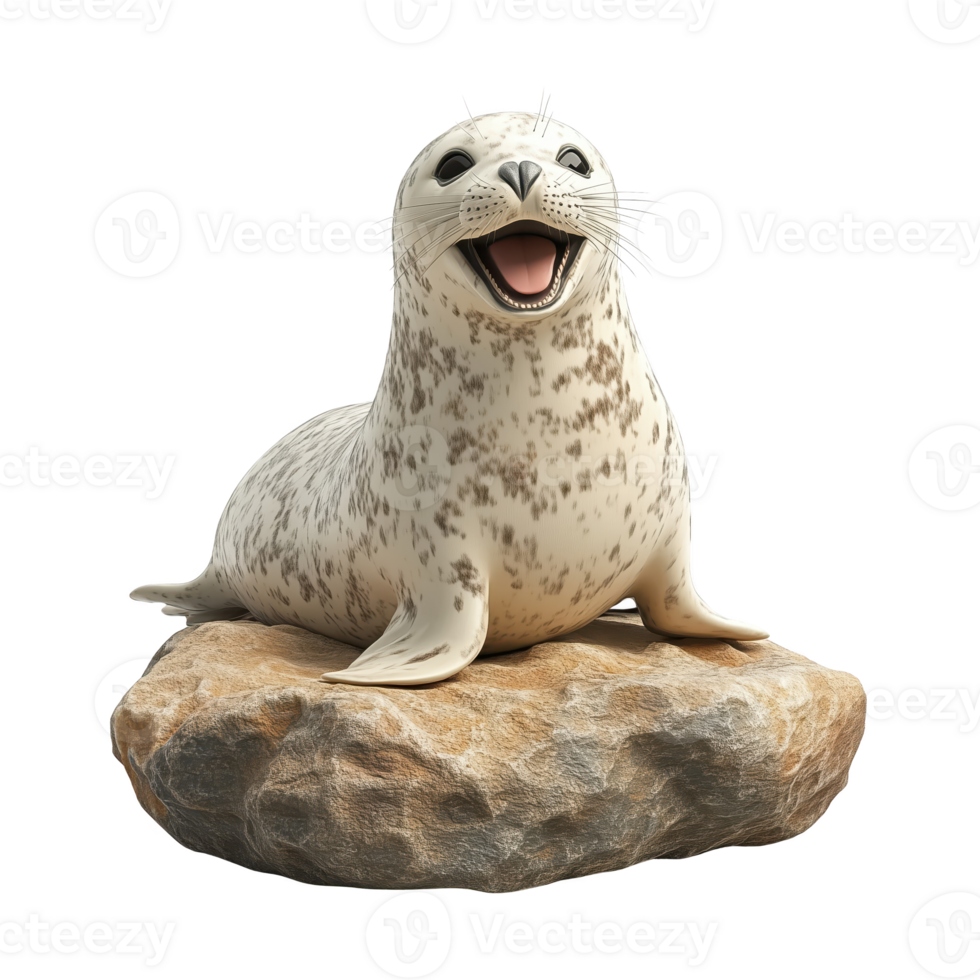 Happy seal sitting on rock, showcasing its playful nature and charm isolated on transparent background. png