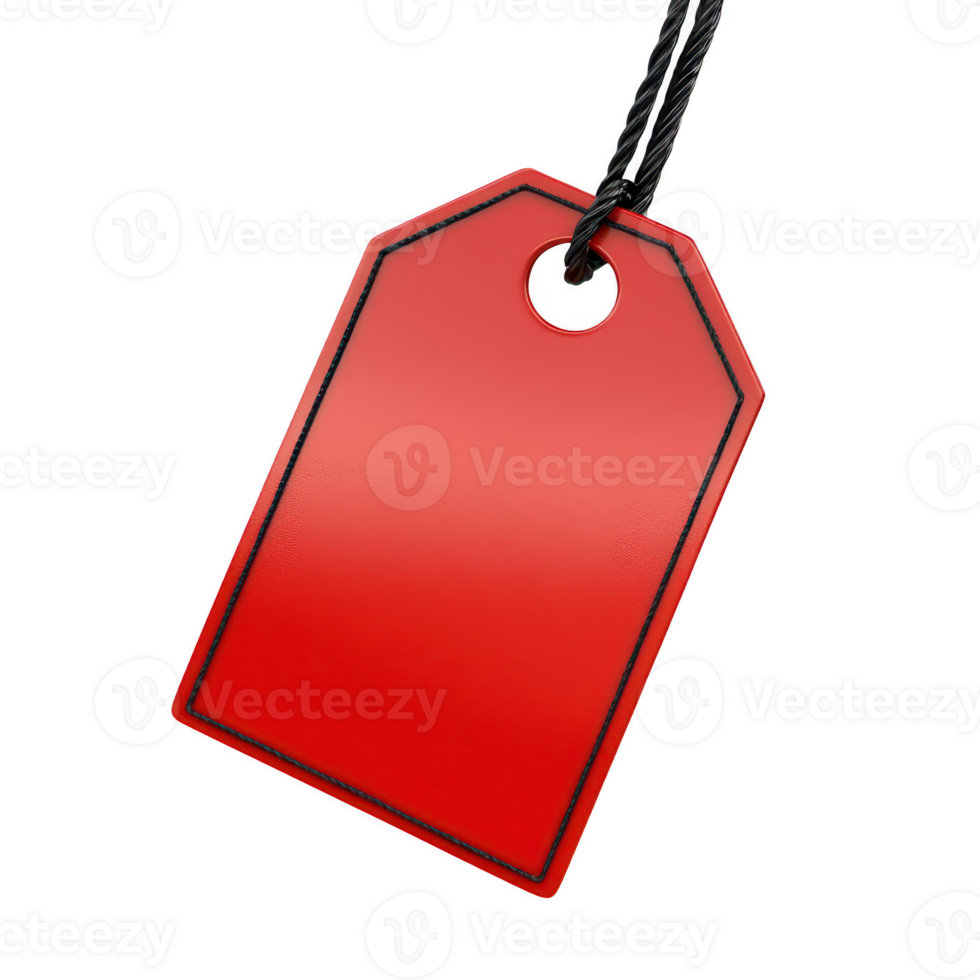 Red tag with black border and string for labeling items isolated on transparent background. png